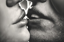 Black And White Photo Man And Woman Lips Close Up, Sensual And Erotic Kiss, Lovers, Bestfriends, Couple Ai Generative 