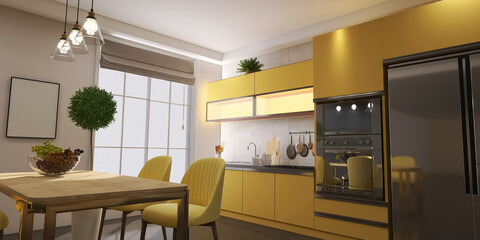 Canvas Print - Kitchen interior design 3d render, 3d illustration