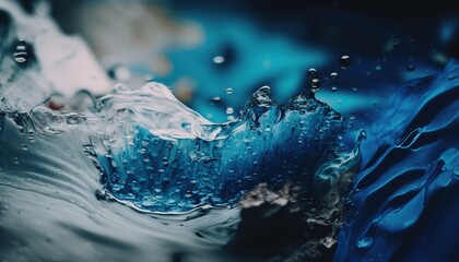  a close up of a blue and white wave with water droplets on it's surface and a black background with a white and blue background.  generative ai