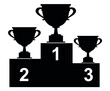 vector illustration icon of first, second and third place 
of the silhouette of trophy cups on a platform, designed in black and white