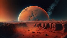  A Red Planet With A Crack In The Middle Of It And Mountains In The Background, With A Distant Star In The Sky, And A Distant Planet In The Foreground.  Generative Ai