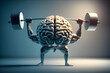 © aapsky - Strong human brain power concept erudite mind memory health. Inflated arms biceps, stands on his feet and holds his hands on top bar with weights, personifies intelligent scientist. Generative AI.