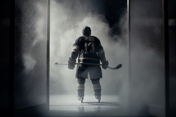 Ice hockey player ready for match in stadium with smoke and spotlights around.