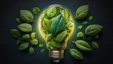 Green eco friendly lightbulb from fresh leaves top view. Energy saving, ecology and environment sustainable resources conservation concept...