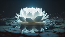  A Large White Flower Sitting On Top Of A Lake Of Water Surrounded By Lily Pads And Lily Padding In The Dark Blue Light Of The Night.  Generative Ai