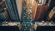  an aerial view of a city street in the middle of the day with cars driving on the road and buildings in the background, with the sun shining on the horizon.  generative ai