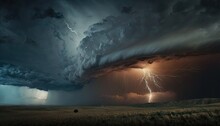  A Large Storm Is Coming In Over A Field With A Person Standing In The Foreground And A Large Cloud In The Background With Lightning.  Generative Ai