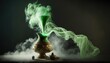  a green liquid is pouring out of a vase on a table with smoke coming out of the top of the vase and on top of the vase.  generative ai