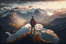Ai Generative, Illustration Of A Boy Standing On A High Mountain And Looking Over A Lake