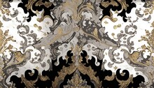  A Black And Gold Wallpaper With A Design On The Back Of The Wall In The Middle Of The Room With A White And Black Background.  Generative Ai