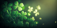 St. Patrick's Day Banner, Clover, Background, Bokeh, Wide, Copyspace. Generative AI