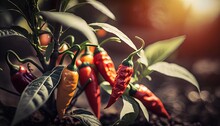  A Group Of Peppers Growing On Top Of A Plant In The Dirt With Leaves On The Ground Next To Them And A Bright Light In The Background.  Generative Ai