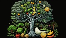  A Painting Of A Tree With Fruits And Vegetables Growing Out Of It's Roots And A Bird Sitting On Top Of The Tree's Branches.  Generative Ai