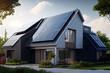 Newly constructed homes with solar panels on the roof under a bright sky, Generative AI