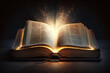 Open Holy Bible with light emitting from it, glowing lights in church, easter, generative ai