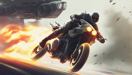 Wall Mural - A thrilling high speed motorcycle chase with blasts, fire and lights, generative ai