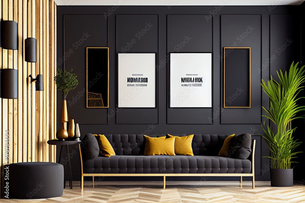 Interior design of modern living room with dark gray sofa and wall ...