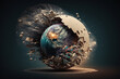 Earthquake concept - the globe breaking into small parts, generative ai