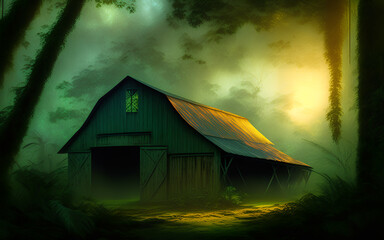 Wall Mural - Old wooden barn in fantasy landscape of tropical jungle forest. Generative Al Illustration.