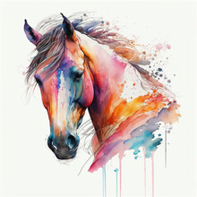 Watercolor Horse Portrait Colorful Painting. Realistic Wild Animal Illustration On White Background. Created With Generative AI Technology.