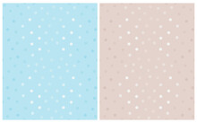 Simple Dotted Seamless Vector Patterns. Glowing Tiny Dots Isolated On A Pastel Blue And Light Warm Gray Background. Polka Dots Print. Cute Simple Abstract Repeatable Print With Spots Ideal For Fabric.