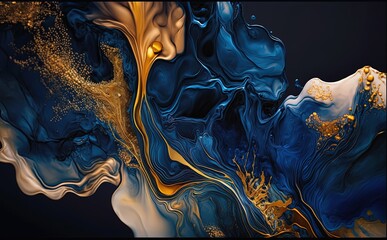 ink idigo navy blue gold and blue marbling abstract background - generative ai