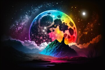 Fairytale night astronomy moonlight landscape. Magical night background with full moon and beautiful rainbow at starry night. Dreamy fantasy tree and luna moon in fairy epic composition. Generative AI