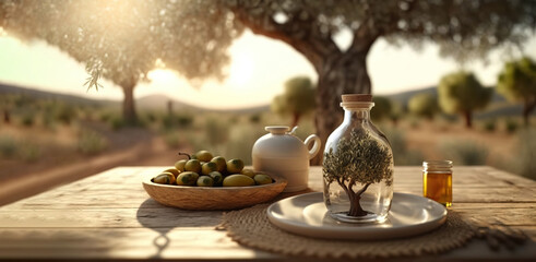 Wall Mural - golden olive oil bottle on wooden table olive field in morning sunshine with copyspace area