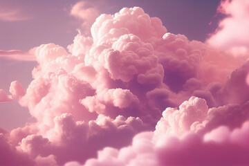 Wall Mural - Background of fluffy baby pink pastel cotton candy clouds in the sky. Generative AI  