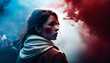 Protests in France. Girl with blood on face in a crowd of protesters. Generative AI