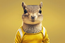 Sporty Squirrel In Athletic Attire On Yellow Backgroun, Concept Of Activity And Fitness, Created With Generative AI Technology