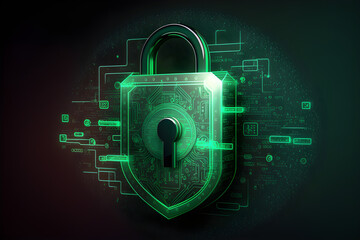 AI, virtual cybersecurity protection lock with information, protection, network service for a business, digital password lock, green background, cyber, futuristic