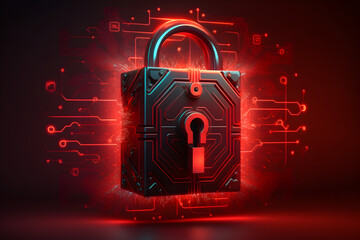 AI, virtual cybersecurity protection lock with information, protection, network service for a business, digital password lock, red background, cyber, futuristic
