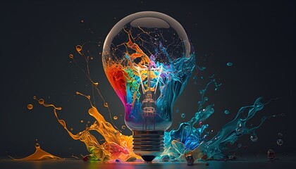 Lightbulb eureka moment with Impactful and inspiring artistic colourful explosion of paint energy created with generative ai technology