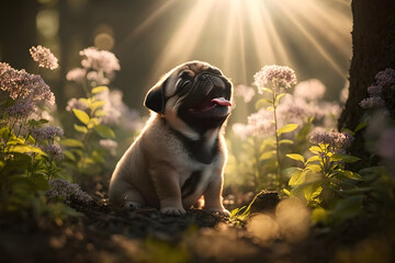 Wall Mural - A Cute Funny Pug Puppy at the Woods Illustration, AI Generative