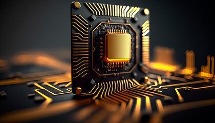 Central Computer Processors CPU upright concept. Motherboard digital chip. Tech science background. Integrated communication processor. Generative AI