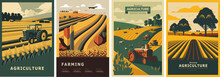 Agriculture, Nature And Farming. Harvest, Tractor, Field, Trees And Farm Vector Illustrations For Poster, Background Or Cover