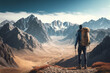 Panoramic view of a stunning mountain range. A person stands at the edge of a cliff, ready for adventure and embracing freedom. With a backpack and hiking stick in hand. Generative AI