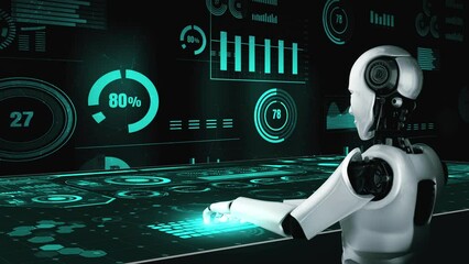Future financial technology controll by AI robot huminoid uses machine learning and artificial intelligence to analyze business data and give advice on investment and trading decision . 3D rendering .