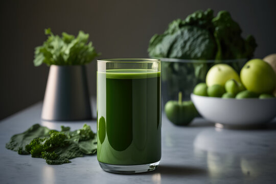 Invigorating glass of cold pressed green juice with fresh kale, spinach, and cucumber on a sleek metal table in a minimalist workout studio, generative ai