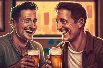 Raise a glass - Two male friends toasting with beers and smiles at a hip bar, generative ai