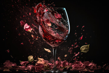 A glass of sparkling red wine with rose petals scattered around it, generative ai