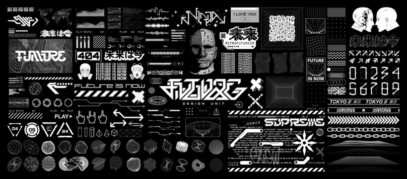 Wall Mural -  - Tech, Sci-fi, HUD retrofuturistic elements set. 3D elements, shapes, spheres, wireframes, icons, HUD interface, grid, frame in cyberpunk style. Futuristic Digital set for t-shirt, merch, poster.