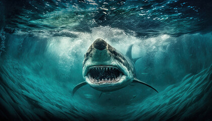 Great white shark with open mouth swimming towards viewer in the ocean next to fish at the surface of the sea illustration with natural light in the background, ai.