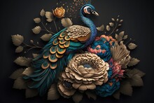 Luxury Elegant Leather Base Floral Damask With Colorful Flowers And Peacock Tail Feathers Illustration Background. Peacock On Flower Branch 3d Wallpaper For Interior Mural Painting Wall Art Decor. Ai