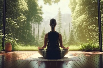 Healthy wellness woman yoga breathing meditating in lotus position. Generative AI