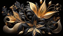 Fractal Flowers Golden And Black Liquid Marble Background