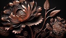 Rose Gold Flowers On A Black Background, Intricate Patterns, Marble Sculpture