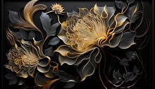 Rose Gold Flowers On A Black Background, Intricate Patterns, Marble Sculpture