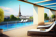 Impressive penthouse terrace with a swimming pool overlooking Paris, generative AI